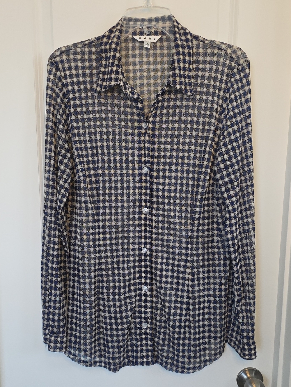 CAbi Navy and Cream Check Button-Down Blouse